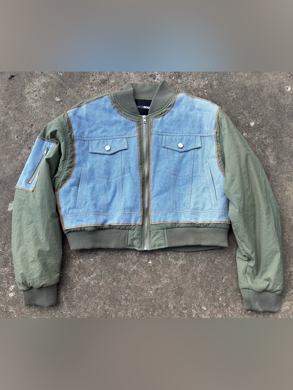 Fashion Nova Olive & Light Blue Denim Panel Bomber Jacket